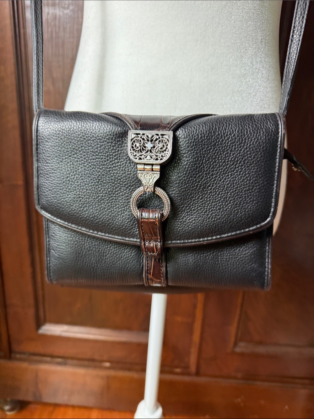 Brighton Nepal Organizer Black Crossbody with Brown Croc-Trim